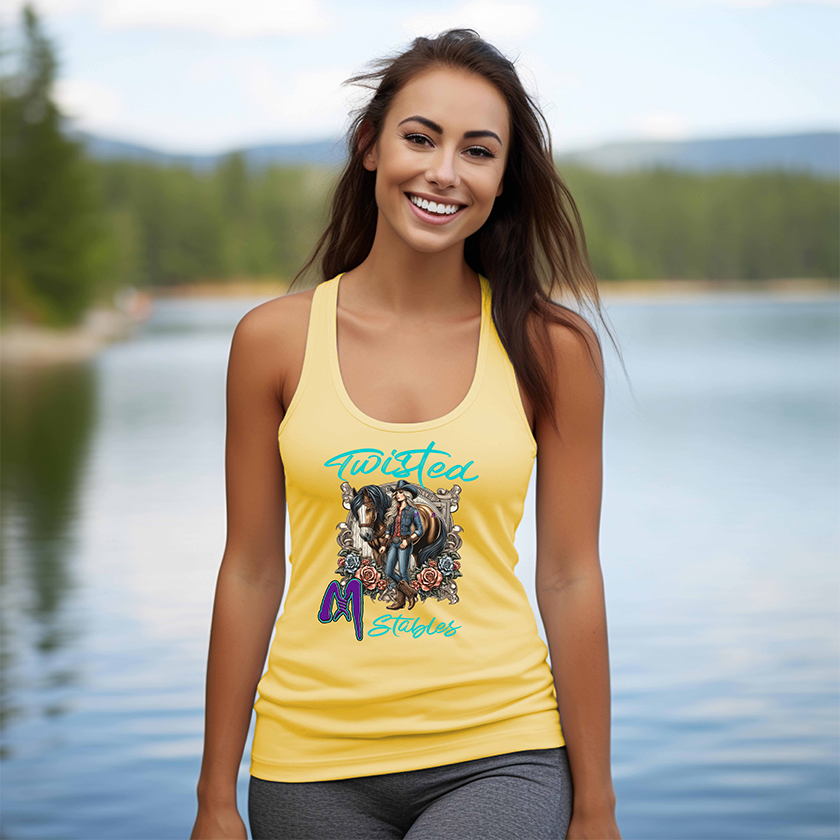Twisted M Stables "Horse, Cowgirl with Roses" Racerback Womens Tank Top for Spring & Summer Time -XL-XXL
