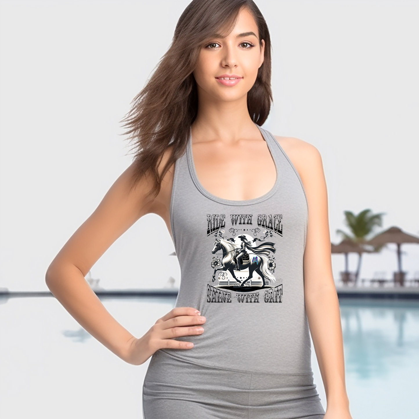 Twisted M Stables "Ride with Grace, Shine with Grit" Racerback Womens Tank Top for Spring & Summer Time