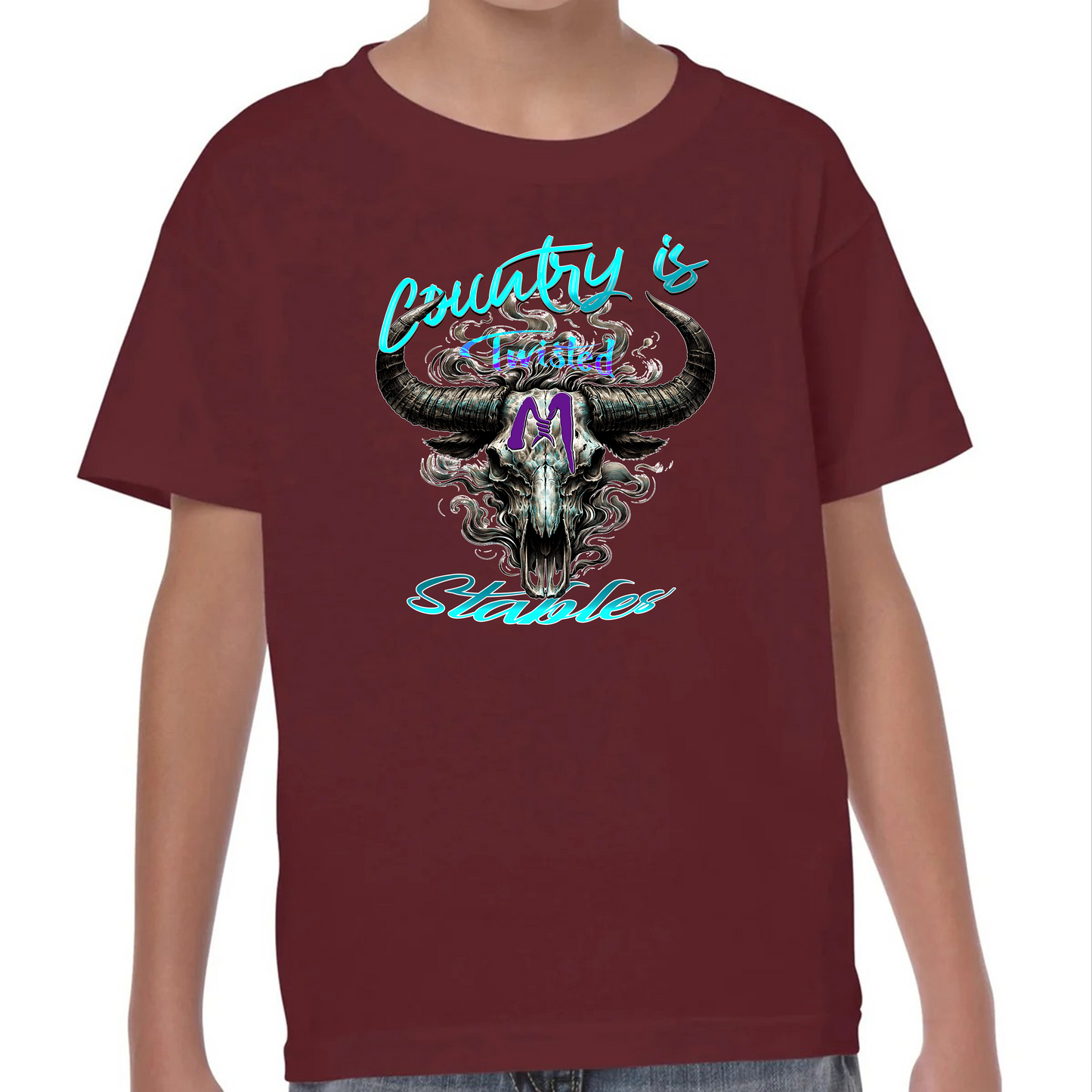 Kids' "Country Skull" Horse Barn Short Sleeve T-Shirts: Twisted M Stables Collection - Vibrant Designs, Durable Comfort