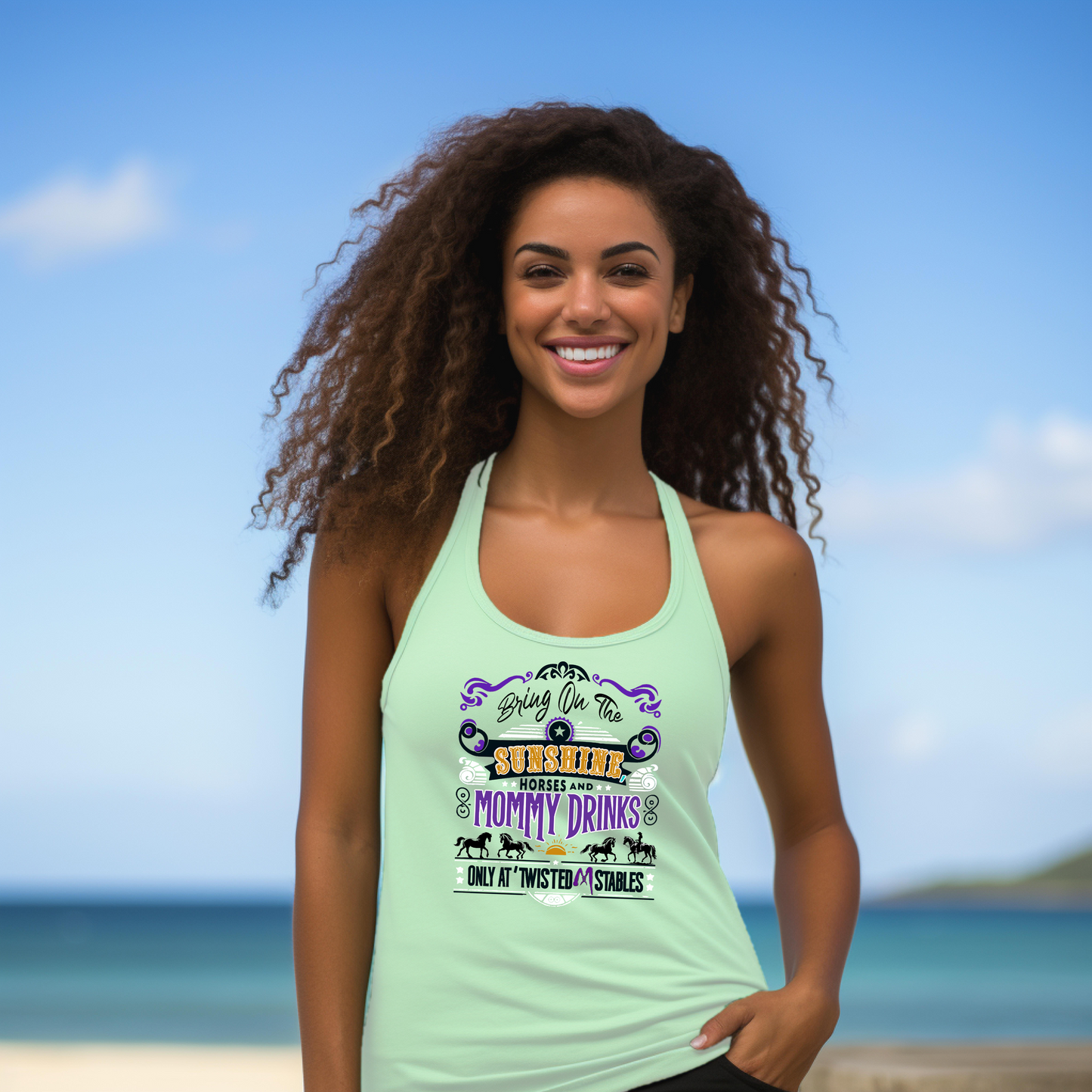 Twisted M Stables "Bring on the Sunshine, Horses and Mommy Drinks" Racerback Womens Tank Top for Spring & Summer Time