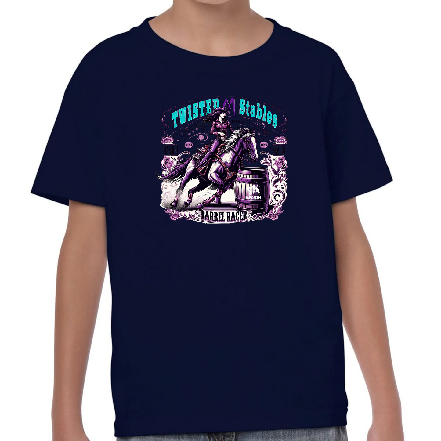 Kids' "Barrel Horse" Horse Barn Short Sleeve T-Shirts: Twisted M Stables Collection - Vibrant Designs, Durable Comfort