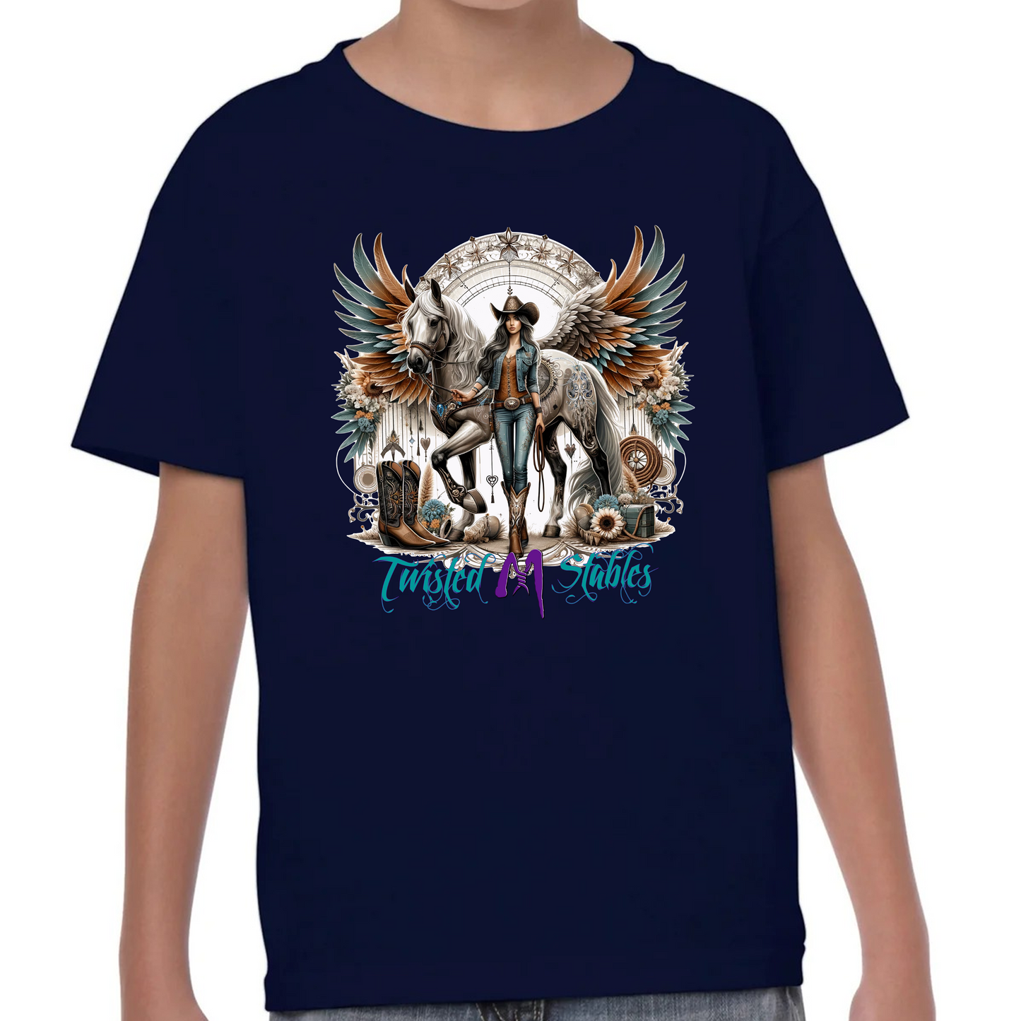 Kids' "Cowgirl Angle with Horse" Horse Barn Short Sleeve T-Shirts: Twisted M Stables Collection - Vibrant Designs, Durable Comfort