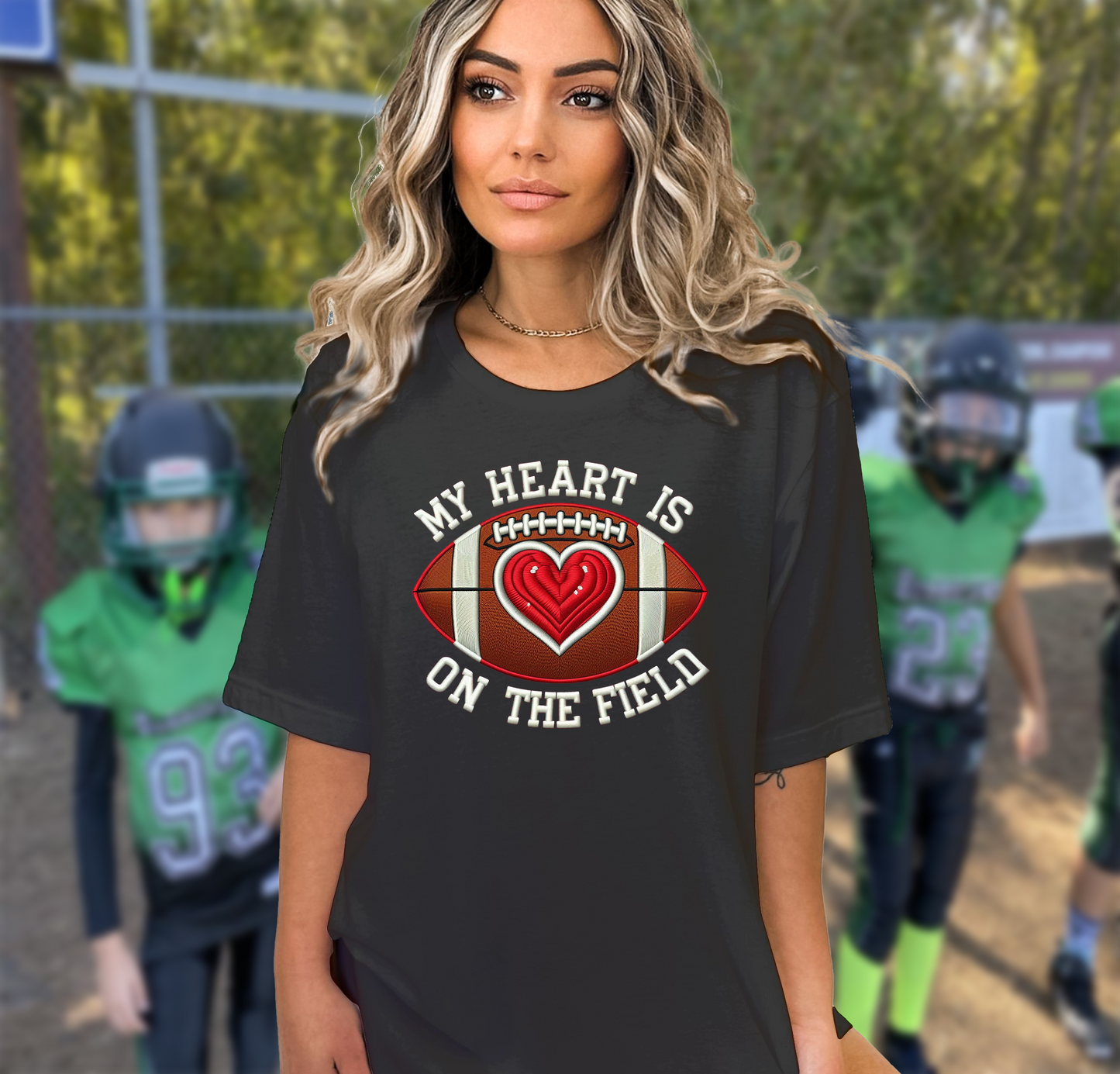 My Heart Is on the Field – Vibrant Print T-Shirt for Mom on Kids Football Game Day, Multiple Colors, Customize