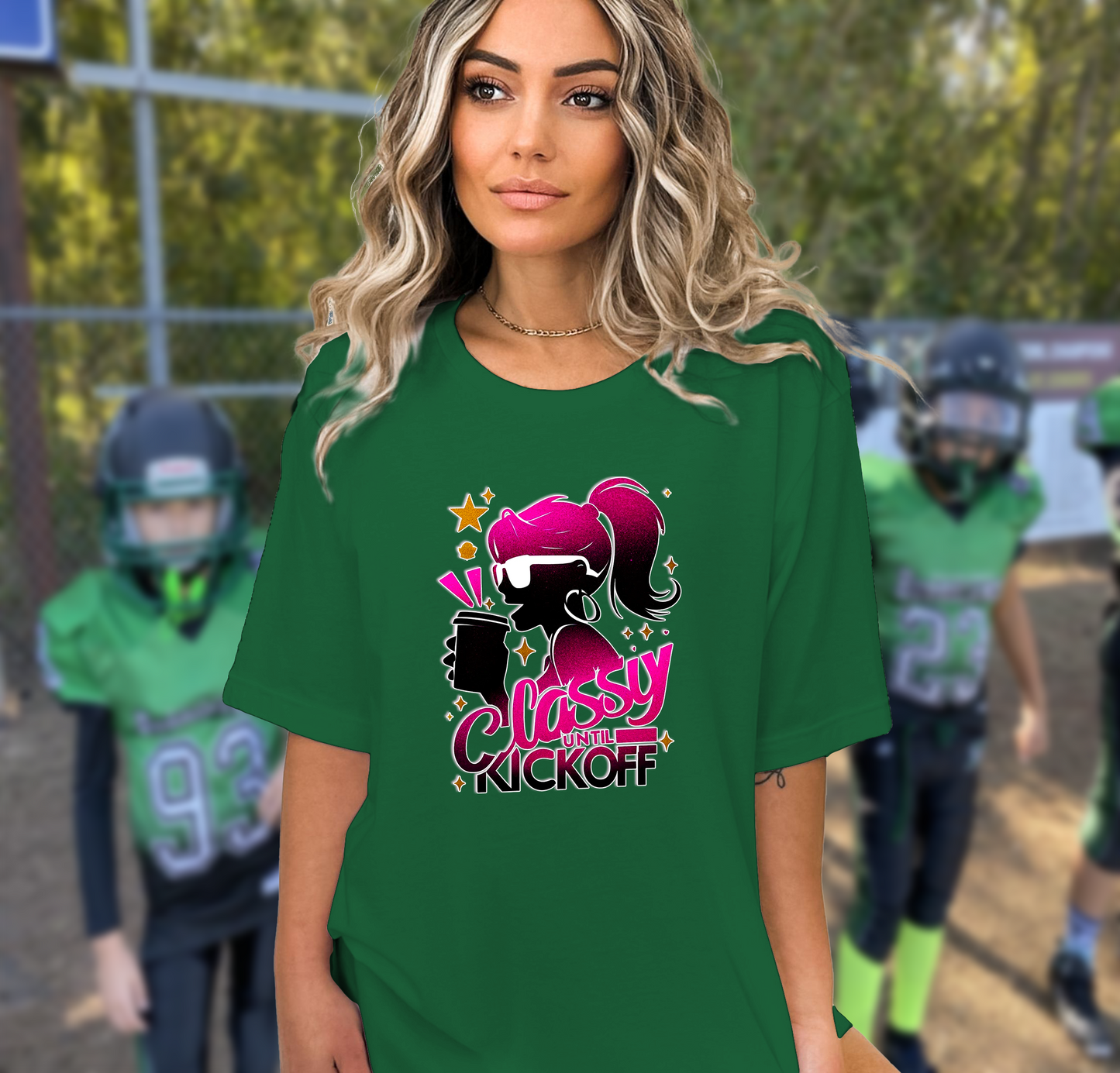 Classy Until Kickoff – Vibrant Print T-Shirt for Mom on Kids Football Game Day, Multiple Colors, Customize