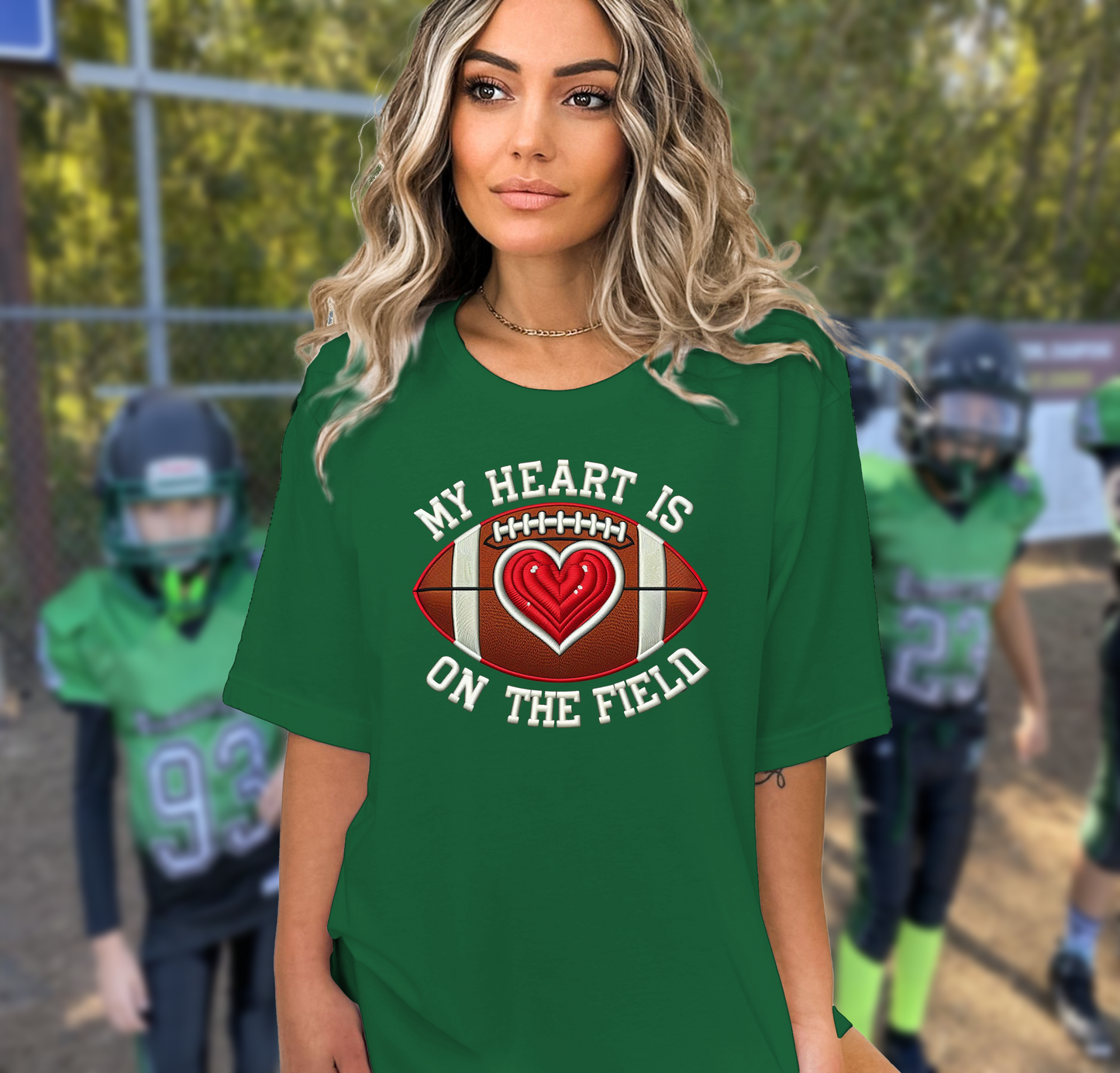 My Heart Is on the Field – Vibrant Print T-Shirt for Mom on Kids Football Game Day, Multiple Colors, Customize