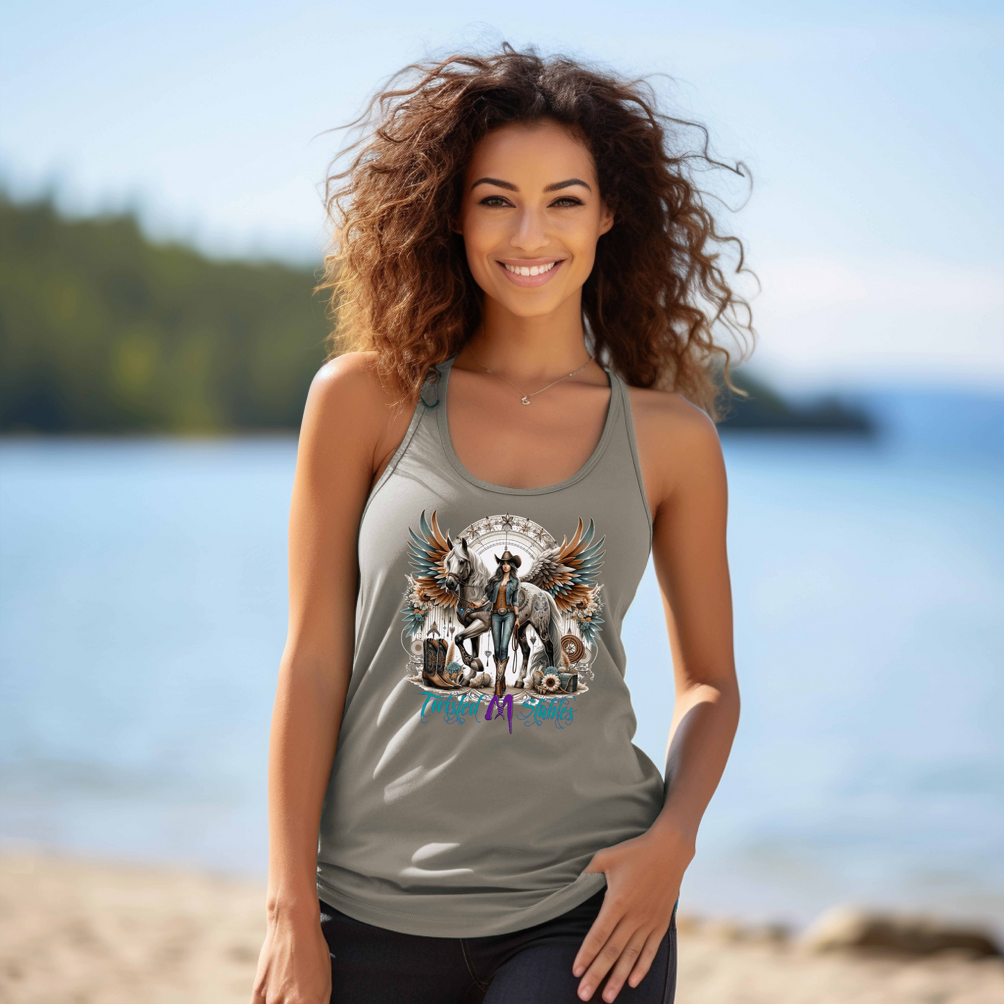 Twisted M Stables "Cowgirl Angle with Horse" Racerback Womens Tank Top for Spring & Summer Time-XL-XXL