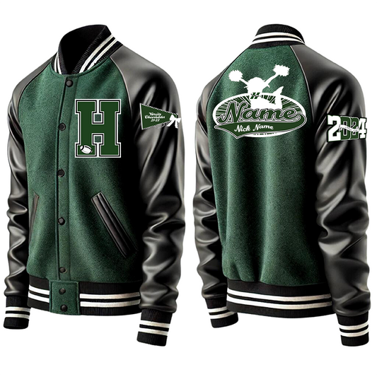 Cheer Jacket- Pecan Grove Hurricanes Custom Letterman Jacket – Classic Team Colors, Premium Leather Sleeves, and Patches