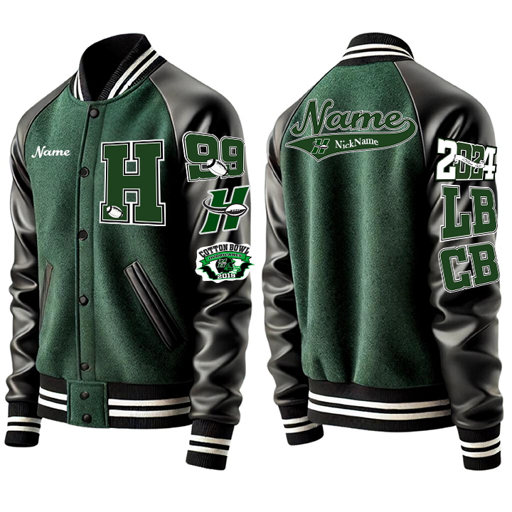 Pecan Grove Hurricanes Custom Letterman Jacket – Classic Team Colors, Premium Leather Sleeves, and Patches